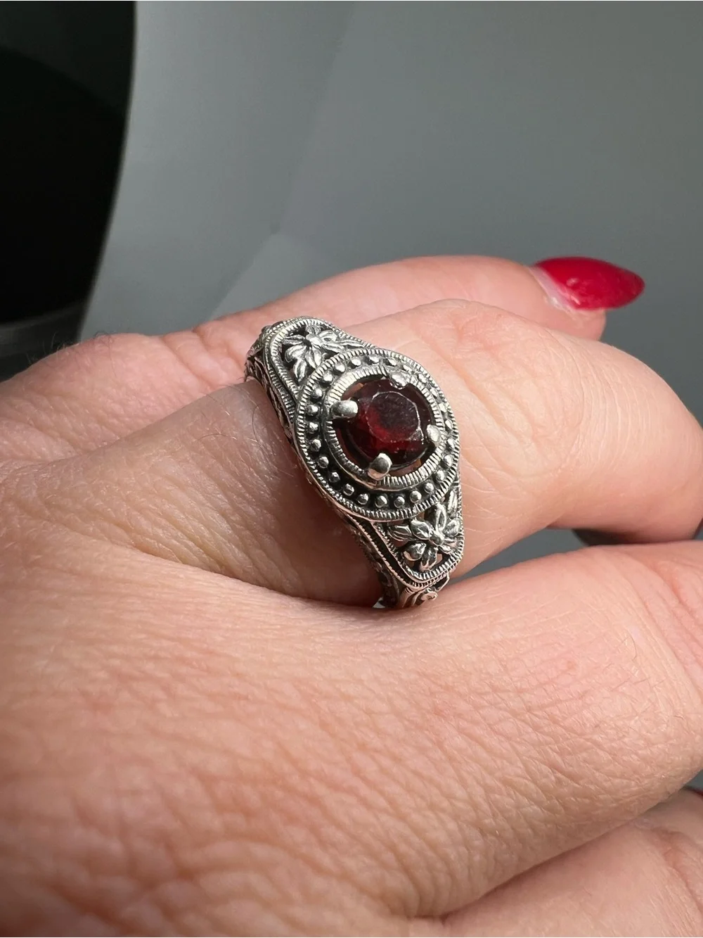 Vintage-Inspired Sterling Ring with Deep Red Garnet Gemstone